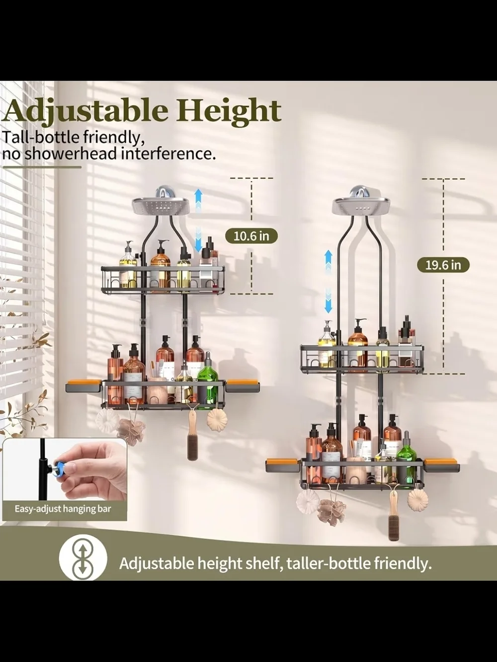 Adjustable Black Shower Caddy Organizer with Hooks and Shelves
